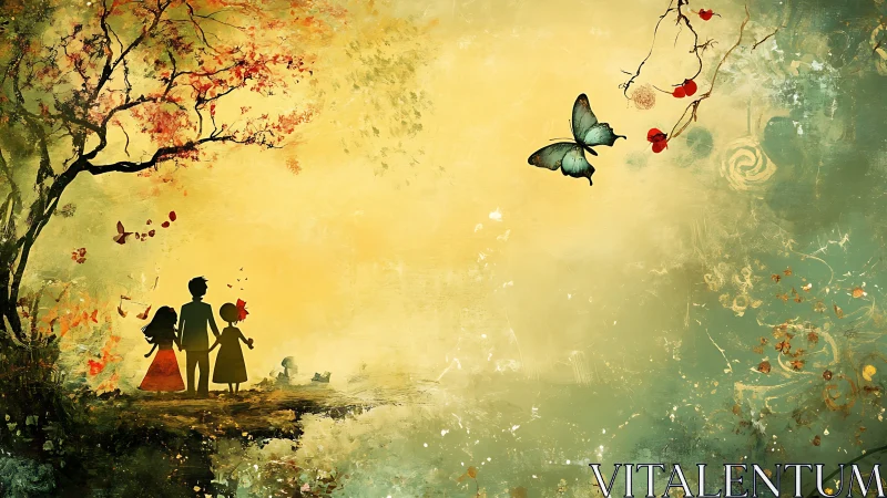 Silhouetted family figures standing beneath autumn foliage within luminous ethereal landscape compos