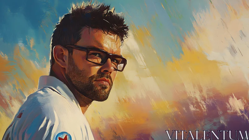 Dynamic male portrait uses expressive brushwork and warm backlighting