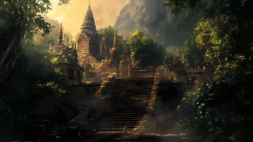Jungle temple stairway under volumetric dawn illumination.