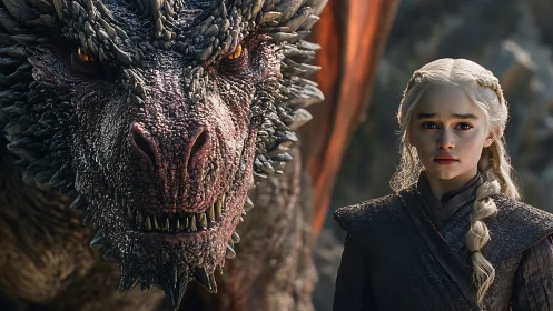 Dragon’s molten stare beside solemn silver‑haired rider.