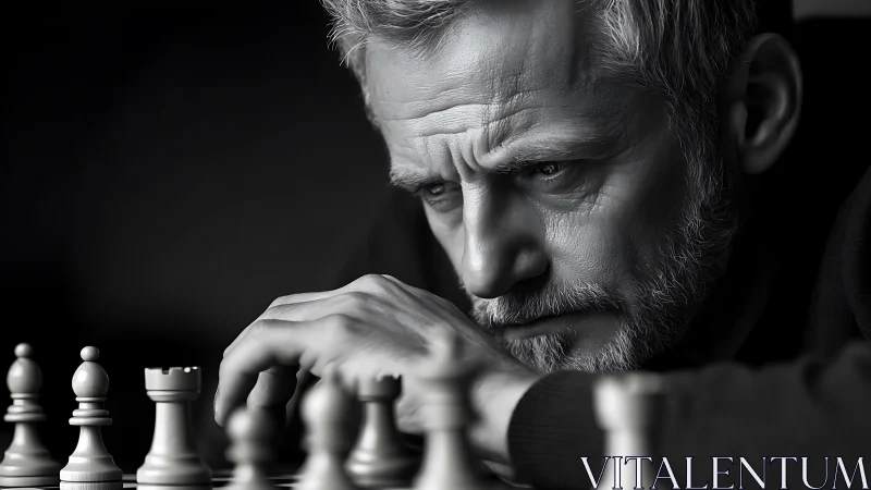 Focused older man studies monochrome chessboard position.