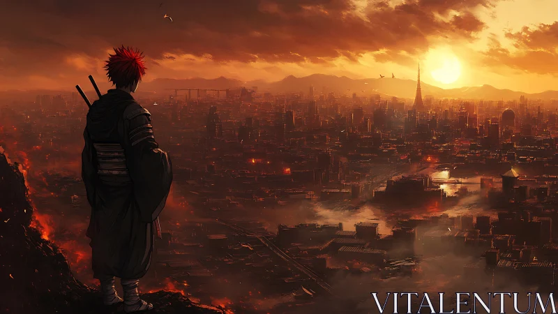 Solitary warrior overlooking vast burning future city.