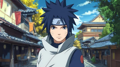 Anime ninja youth stands in quiet traditional street scene.