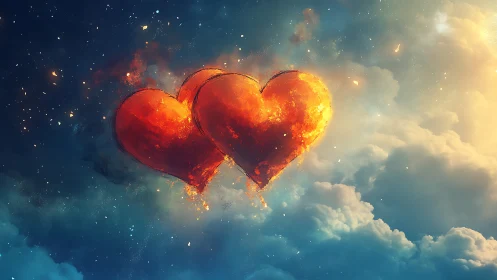 Twin Incandescent Hearts Suspended Above Luminous Clouds