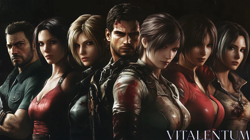 Battle-hardened squad bathed in blood, sparks, and shadow.