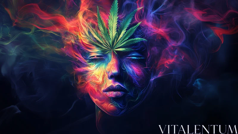 Psychedelic vapor portrait integrates cannabis leaf as neural crown