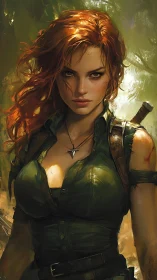 Red-haired adventurer stands armed in dense forest light