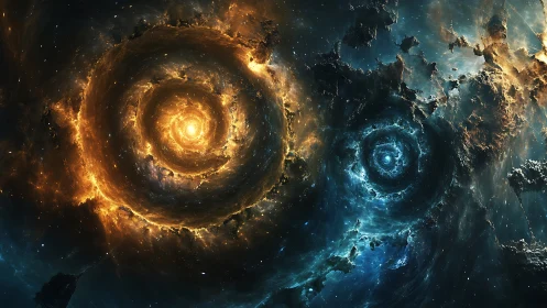 Twin cosmic spirals glow warmly in a storm of swirling stars