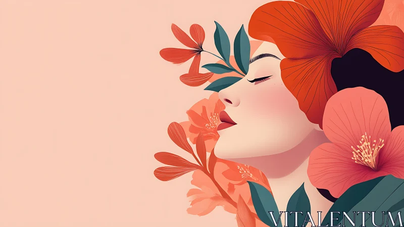 Elegant woman with red flowers in modern minimalist illustration.