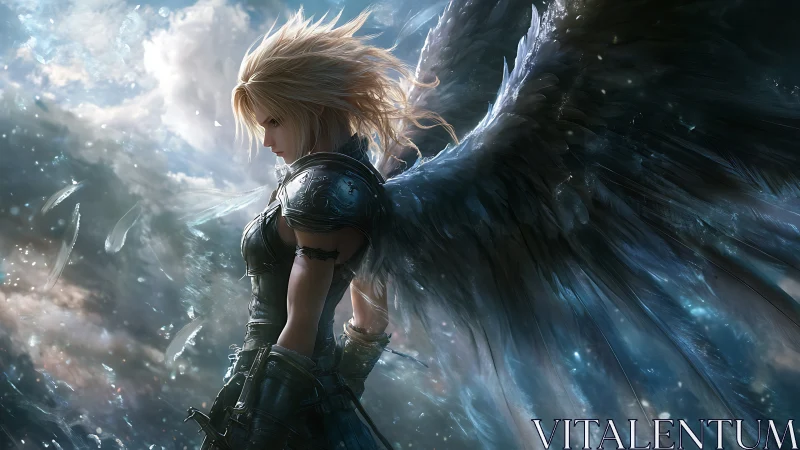 Stormlit winged warrior pauses gently between sky and sea