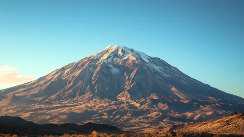 Snowcapped volcanic peak under warm golden hour raking light.