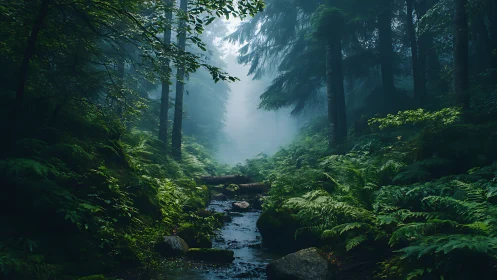 Temperate Forest Watercourse with Dramatic Atmospheric Penetration.