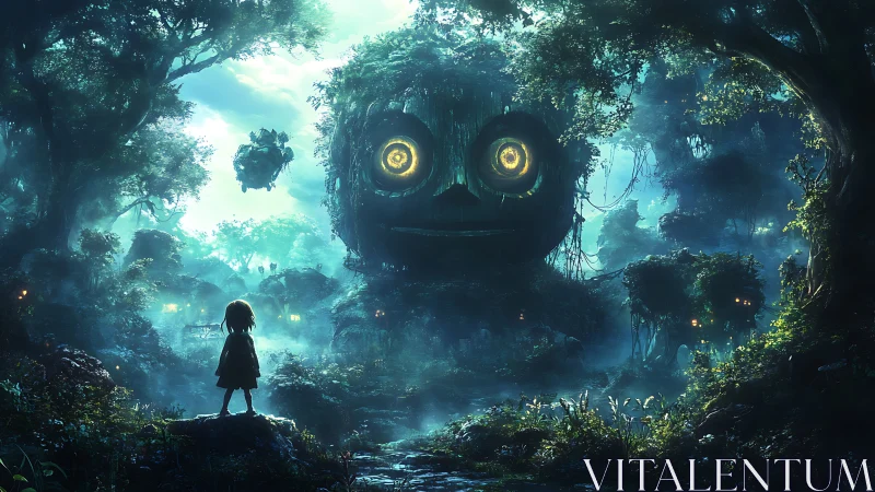 Enchanted forest girl before colossal glowing spirit face.