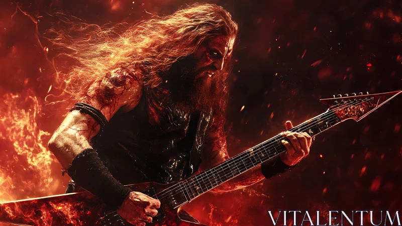 Metal guitarist immersed in dynamic fire-lit stage environment