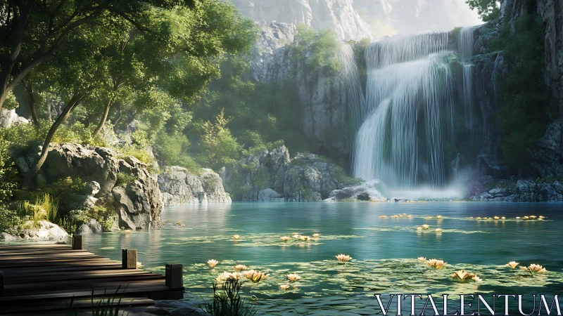 Tranquil waterfall cove with lotus pond and wooden dock.