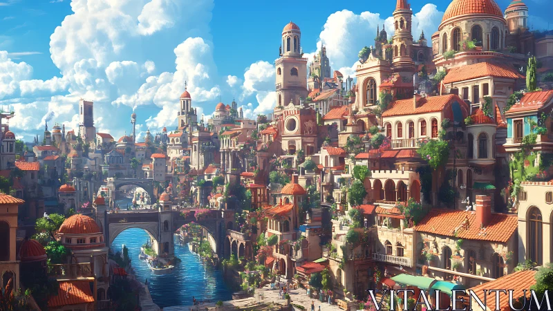 Sunlit terraced canal city with domed Mediterranean towers.