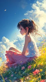 Young girl in profile sitting in flower field under sky.