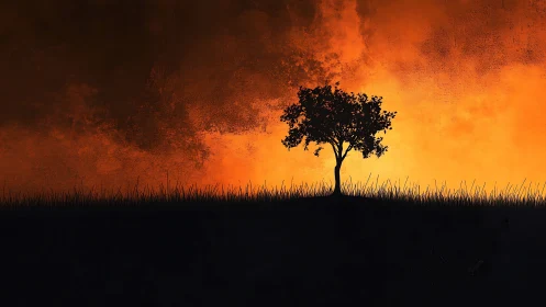 Solitary Tree Against Burning Sky.