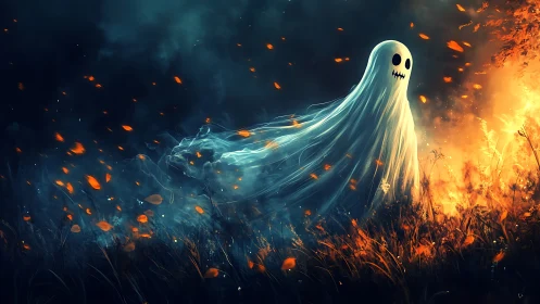 Whimsical spectral figure in fiery autumn meadow at night