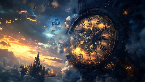 Gigantic celestial clock merges with luminous sky city