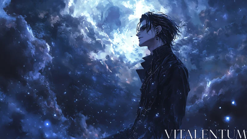 Midnight wanderer gazes into a glowing, stormy cosmic sky