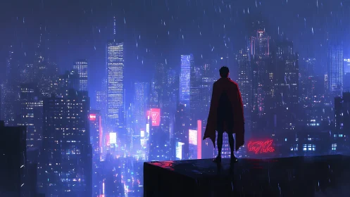 Lone caped figure overlooks neon city in heavy rain.