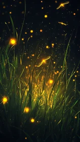 Bioluminescent fireflies illuminating dense summer meadow