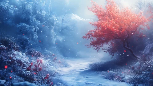 Crimson tree gently brightens a quiet enchanted winter path