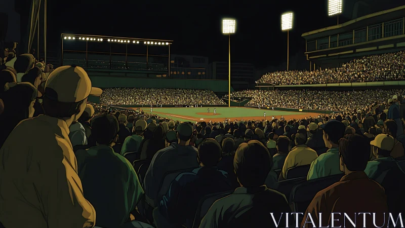 Under stadium lights, packed crowd watches night baseball game.