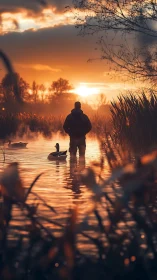 Quiet wading at sunrise among golden reeds and gentle ducks.