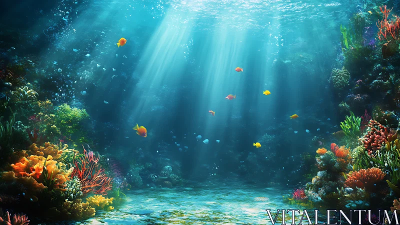 Sunlit coral cathedral with drifting golden reef wanderers.