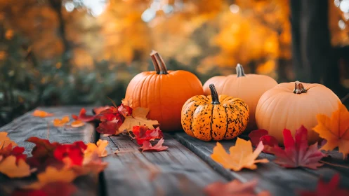 Golden pumpkins rest softly among bright autumn leaves