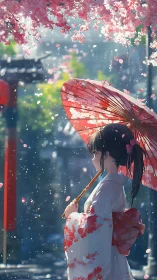 Girl beneath sakura rain with scarlet umbrella hushes spring.