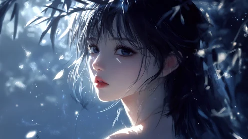 Female character looks back under cool blue dappled light