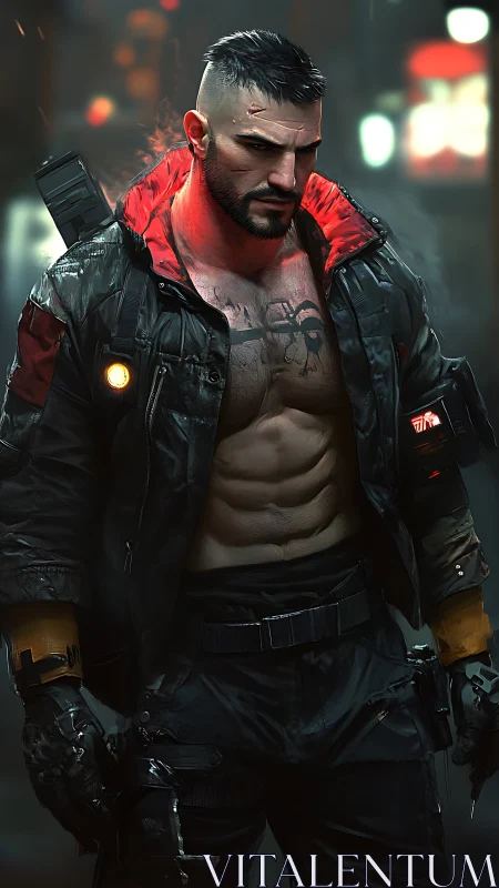 Cybernetic street enforcer in tactical jacket under neon backlight