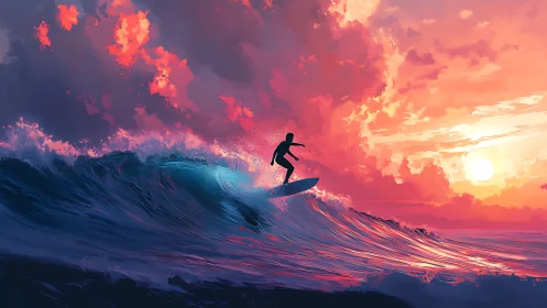 Surfer silhouette riding neon sunset ocean swell painting.