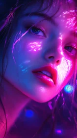 Neon constellations drift across her luminous, dreaming face