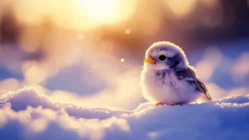 Fluffy baby bird in snowy landscape at sunrise, soft dreamy style.