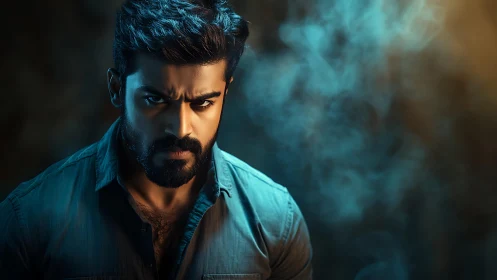 Moody portrait of intense man in cinematic neon haze.