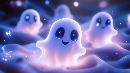 Luminous kawaii ghosts glowing in dreamy pastel fog field.