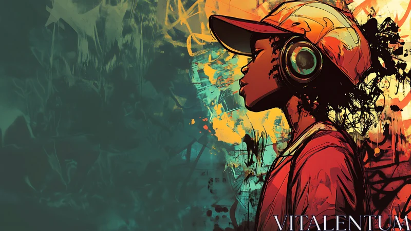 Profile view shows youth with headphones against abstract graffiti