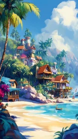 Tropical Coastal Resort Architecture with Tower Castle and Palm-Lined Beachscape