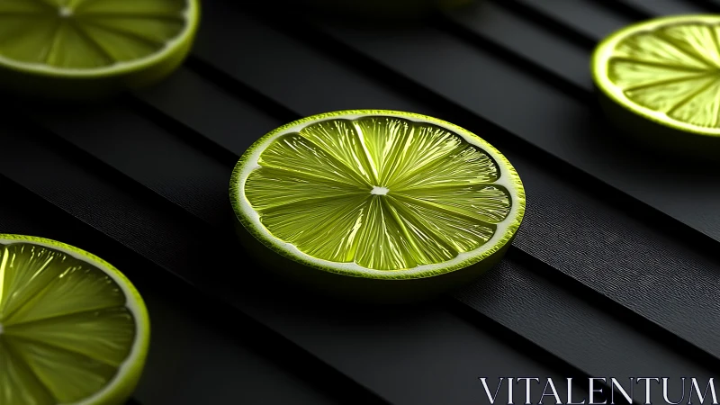 Lime slices rest on dark parallel textured surfaces