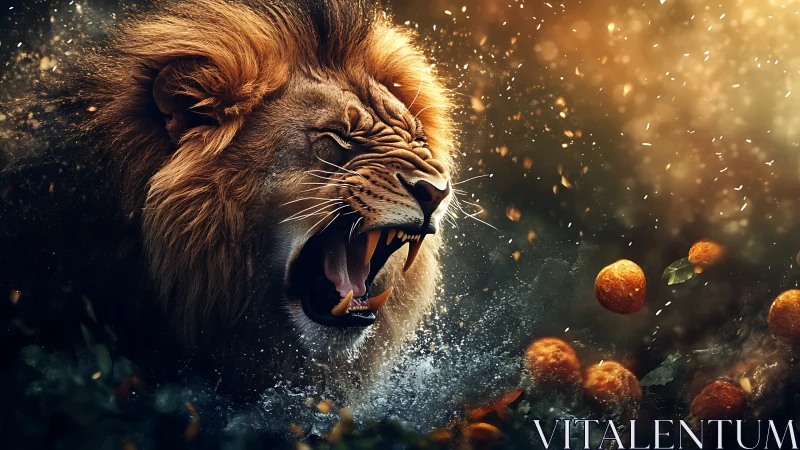 Roaring lion head rendered with splashing water and oranges