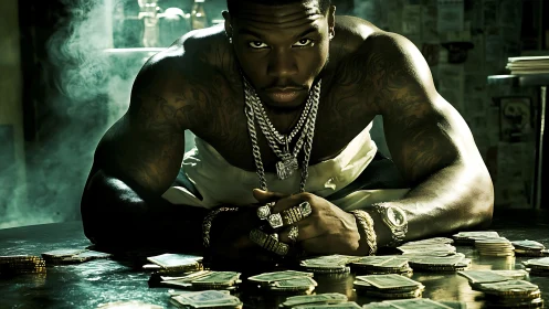 Shirtless man with jewelry leaning over stacks of money.
