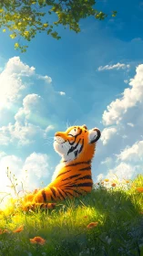 Sunlit stylized tiger observes drifting clouds in vibrant meadow