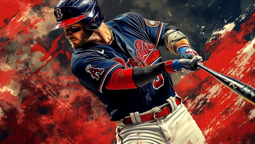 Baseball batter in intense swing with bold red backdrop.