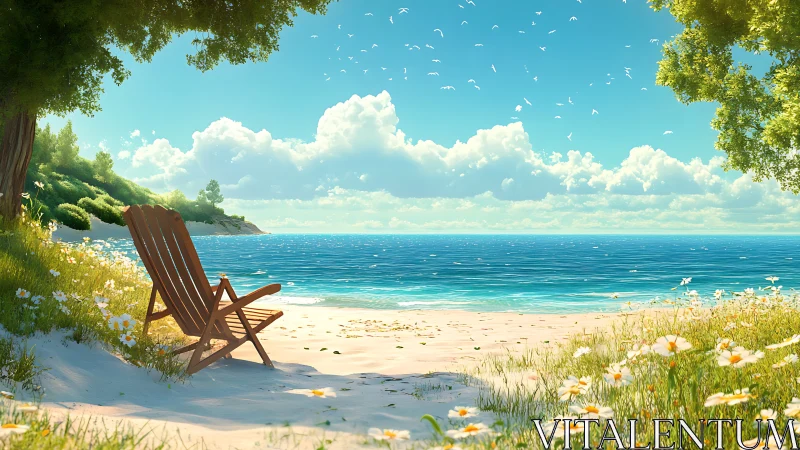 Wooden beach chair faces calm turquoise sea and bright sky