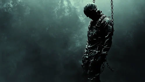 Silhouetted chained soldier suspended in cold teal mist.