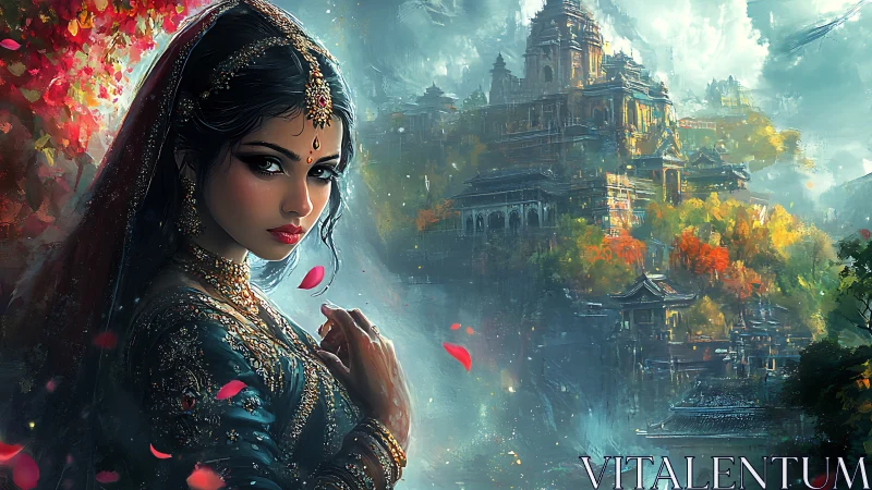 Digital painting of regal woman before misty temple citadel.